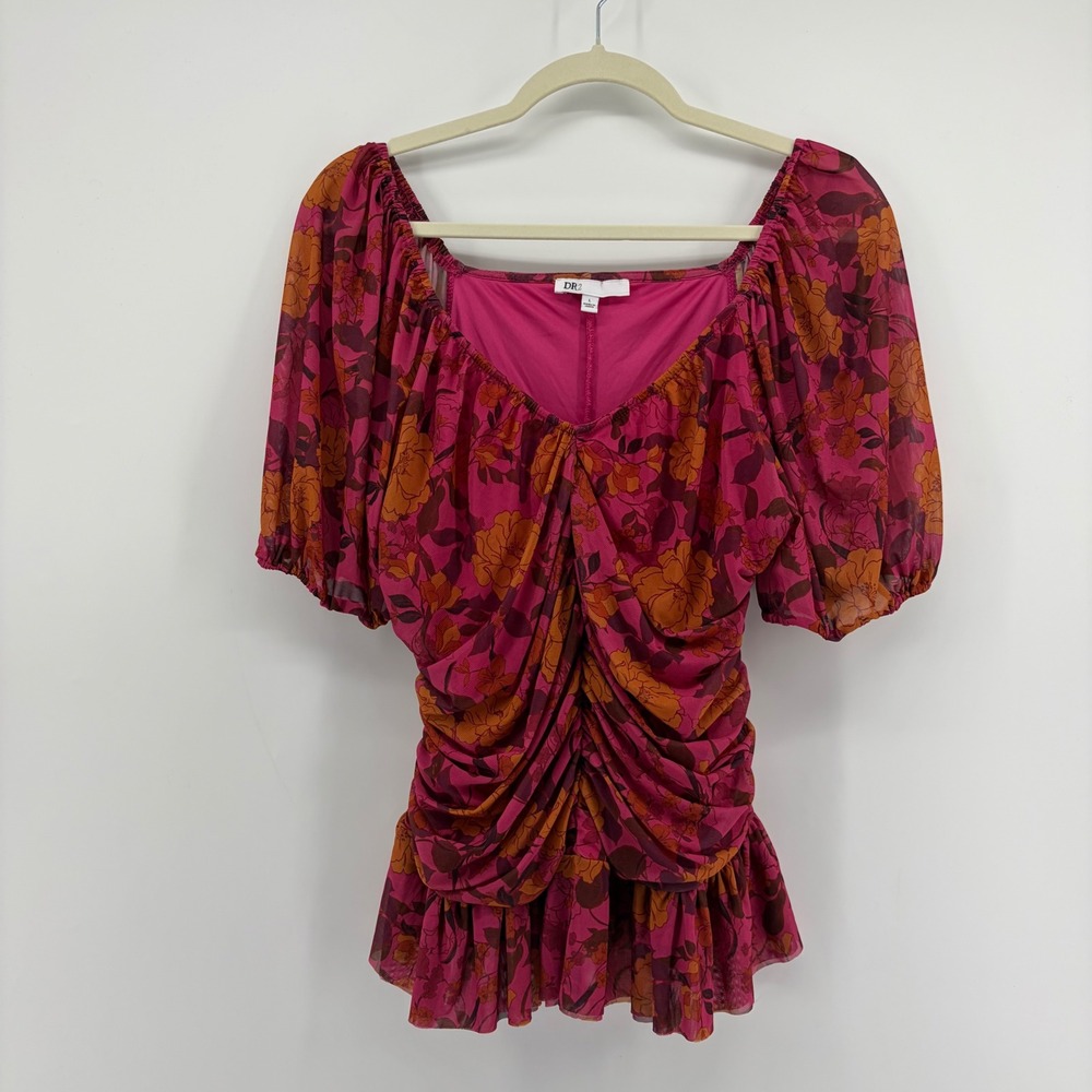 DR2 by Daniel Rainn Womens L Magenta Floral Mesh Top Short Sleeve Ruched Peplum